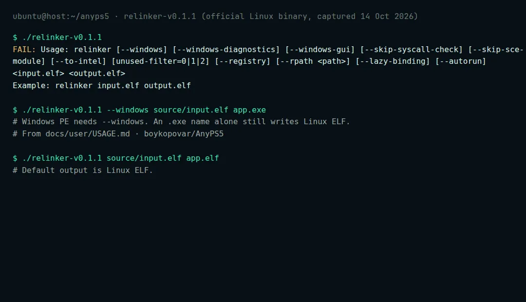 Terminal capture of the official Linux relinker-v0.1.1 usage line, plus the documented Windows and Linux convert commands from USAGE.md.